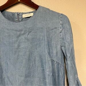 Zara Woman Blue Denim Tunic Size XS | Denim Zip Back 3/4 Bell Sleeve Blue Dress